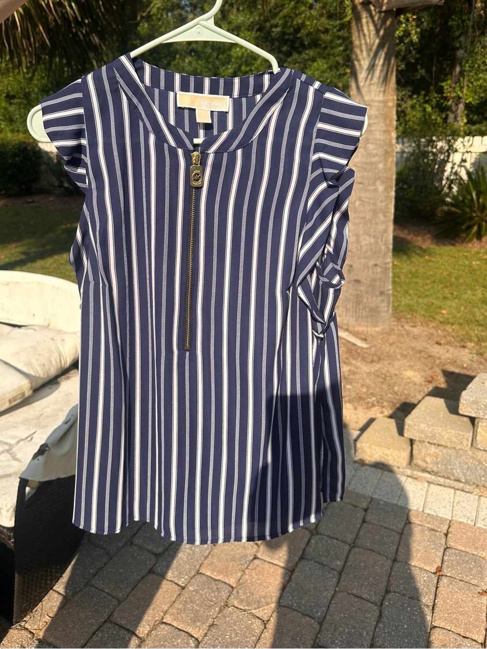 Michael Kors Navy and White Vertical Stripe Zip-Front Sleeveless Blouse